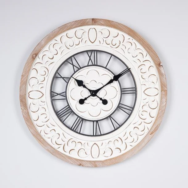 Ρολόι Τοίχου Μεταλλικό-Ξύλινο Αντικέ Λευκό-Μαύρο-Natural 60x4,5x60εκ. ESTHETI 753-10047