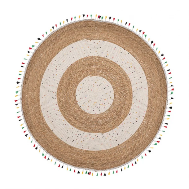 Χαλί Jute-Βαμβακερό Boho Στρογγυλό 100εκ. Καφέ-Natural Με Πολύχρωμα Κρόσσια iliadis 90166