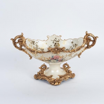 Διακοσμητικό Μπωλ Με Πόδι Πορσελάνης-Polyresin Λευκό-Χρυσό Με Λουλούδια 42x23x24εκ. ESTHETI 752-21059