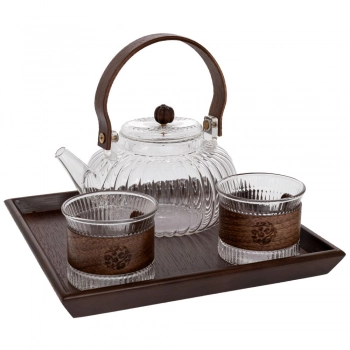 Σετ Τσαγιού 4τμχ Με Τσαγιέρα Και Ποτήρια Γυάλινα Και Ξύλινο Δίσκο 23,5x23,5x11εκ. iliadis 91917