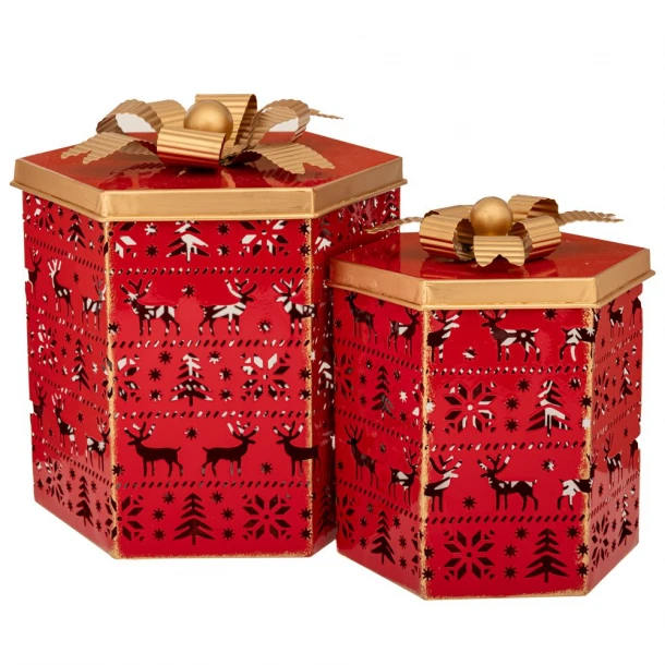 Χριστουγεννιάτικο Κουτί Σετ 2τμχ Μεταλλικό Κόκκινο-Χρυσό 24,5x21x26εκ.-19x17x21εκ. iliadis 90843