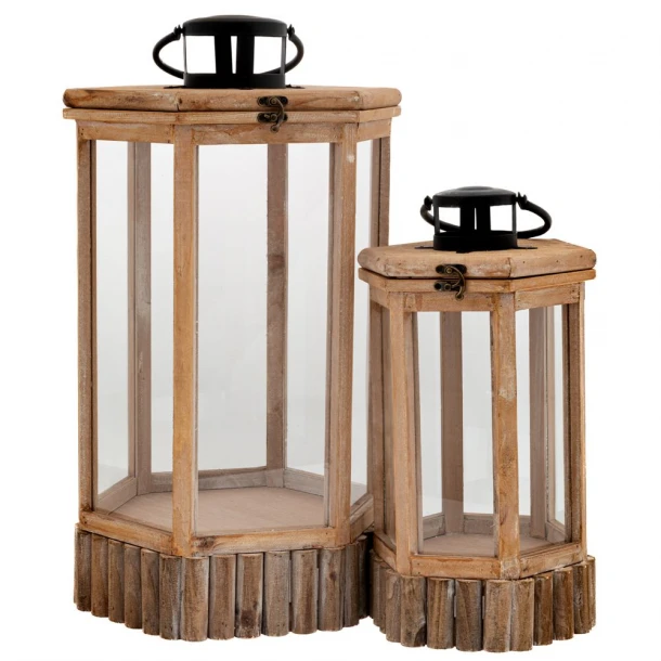 Φανάρι Σετ 2τμχ Ξύλινο Εξάγωνο Ανοιχτό Καφέ 33x28,5x56εκ.-22,5x19,5x40εκ. iliadis 89279
