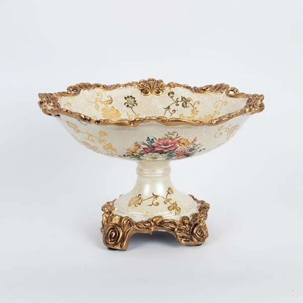 Διακοσμητικό Μπωλ Με Πόδι Πορσελάνης-Polyresin Λευκό-Χρυσό Με Λουλούδια 30x30x20εκ. ESTHETI 752-21058