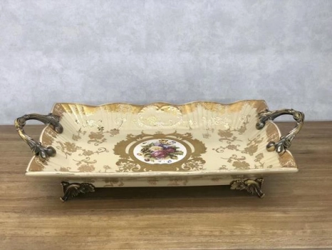 Διακοσμητική Πιατέλα Πορσελάνης-Polyresin Με Λουλούδια Μπεζ-Χρυσή 38,5x20x8,5εκ. ESTHETI 819-00090