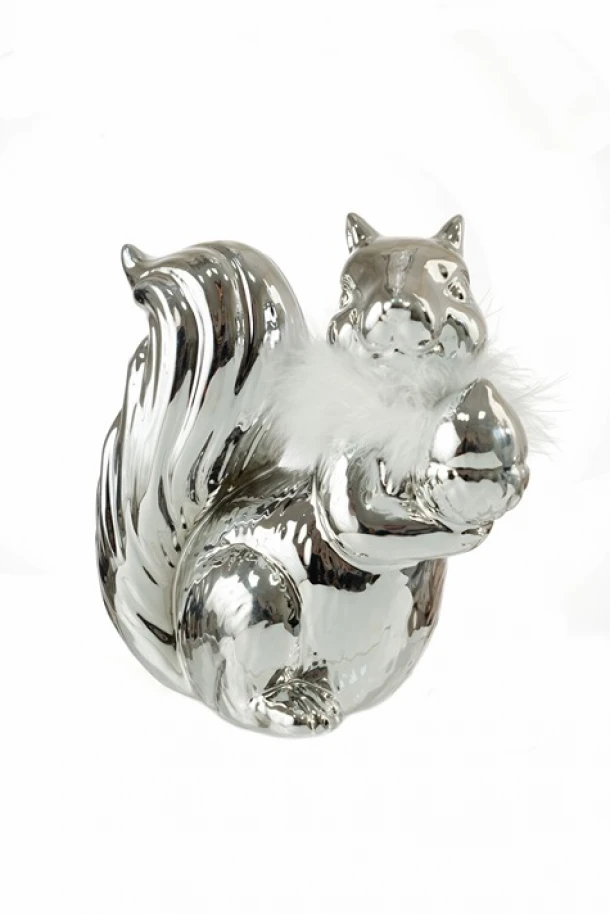 Διακοσμητικός Επιτραπέζιος Σκίουρος Κεραμικός Ασημί Λευκό Πούπουλο 16,5x16x8εκ. Zen Collection 24.7.50468