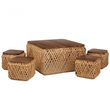 Σετ Τραπεζάκι 70x70x38εκ. Με 4 Σκαμπώ 30x30x28εκ. Πλεκτό-Ξύλινο Natural-Καφέ iliadis 90169