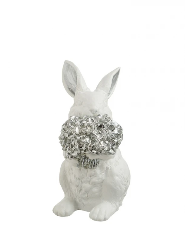 Διακοσμητικός Πασχαλινός Λαγός Με Μπουκέτο Polyester Λευκός-Ασημί 9x11,3x18εκ. Zen Collection 26.6.52478