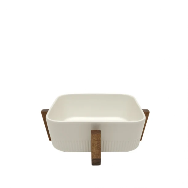 Σαλατιέρα-Πυρίμαχο Πορσελάνης-Ξύλινη Ακακίας Λευκό-Natural 21,8x21,8x8εκ. ESPIEL YUB102