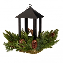 Χριστουγεννιάτικο Φανάρι Μαύρο Με Στεφάνι Πράσινο & Κουκουνάρια 33x28εκ. iliadis 87851