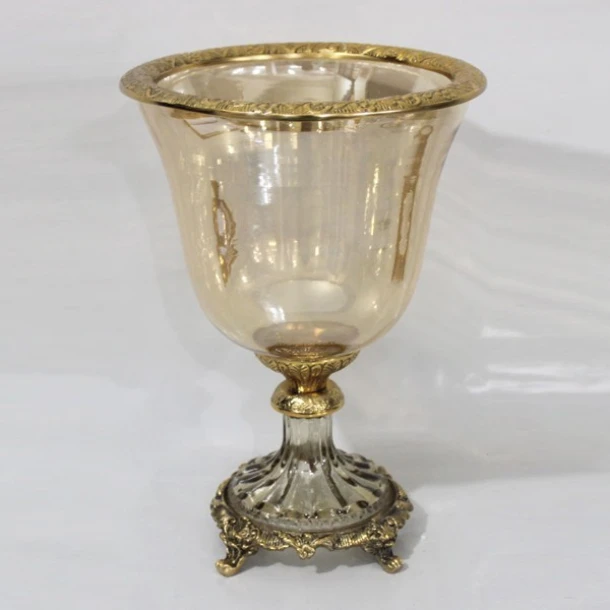 Διακοσμητικό Μπωλ Με Πόδι Γυάλινο-Μεταλλικό Αντικέ Χρυσό-Μελί 19x19x27εκ. ESTHETI 819-00429