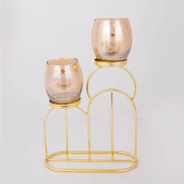 Κηροπήγιο 2 Θέσεων Μεταλλικό-Γυάλινο Χρυσό-Μελί 20x9x30,5εκ. ESTHETI 752-24023