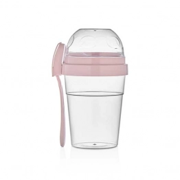 Μπωλ-Δοχείο Φορητό 2 Θέσεων Γιαουρτιού/Σαλάτας/Φρούτων Με Κουτάλι Ροζ 400ml & 200ml Veltihome Allset 46-80110