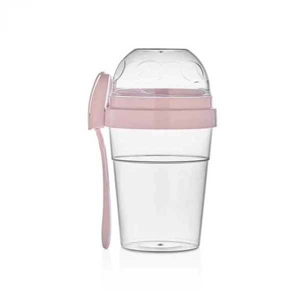 Μπωλ-Δοχείο Φορητό 2 Θέσεων Γιαουρτιού/Σαλάτας/Φρούτων Με Κουτάλι Ροζ 600ml & 200ml Veltihome Allset 46-80122