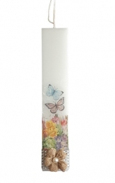 Λαμπάδα Χειροποίητη Πλακέ Λευκή Με Decoupage Λουλούδια-Πεταλούδες 2,7x1,2x25εκ. 24-776