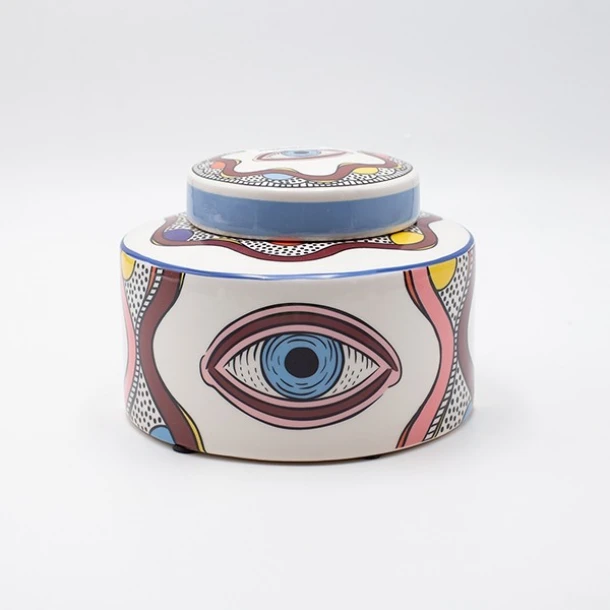 Διακοσμητικό Μπωλ Με Καπάκι Κεραμικό Λευκό-Multi Με Γαλάζια Μάτια 16x16x12,3εκ. ESTHETI 819-00194