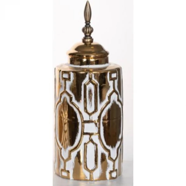 Βάζο Με Καπάκι Κεραμικό Λευκό-Χρυσό 13x13x33εκ. ESTHETI 752-20076