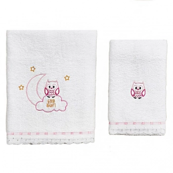 Σετ Πετσέτες 2τμχ Μπεμπέ Βαμβακερές Owl Ροζ 56061