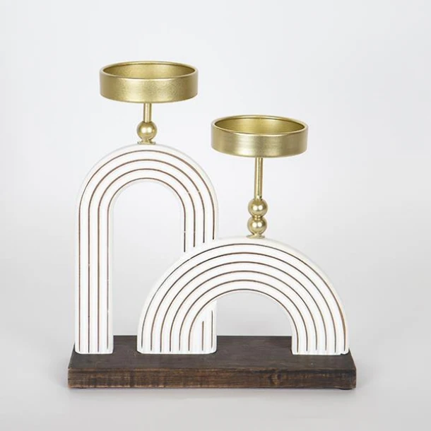 Κηροπήγιο 2 Θέσεων Ξύλινο-Μεταλλικό Λευκό-Χρυσό 23,5x8x26εκ. ESTHETI 752-23014