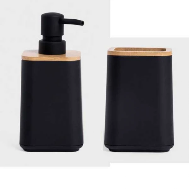 Σετ 2τμχ Ντισπένσερ & Ποτηροθήκη Πλαστικό-Bamboo Μαύρο-Natural Setisa 7,5x17,5εκ.-7x11,5εκ. Homla 237913-237908