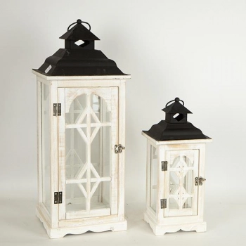 Φανάρι Σετ 2τμχ Ξύλινο-Μεταλλικό Λευκό-Μαύρο 24x24x62εκ.-17x17x40εκ. ESTHETI 752-10021