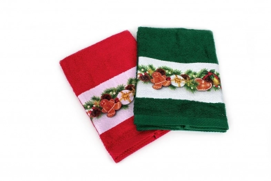 Χριστουγεννιάτικο Σετ Πετσέτες 2τμχ Βαμβακερό 40x60εκ. Ornaments Κόκκινο-Πράσινο DimCol