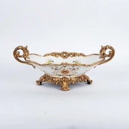 Διακοσμητικό Μπωλ Με Πόδι Πορσελάνης-Polyresin Λευκό-Χρυσό Με Λουλούδια 44x25x17εκ. ESTHETI 752-21014