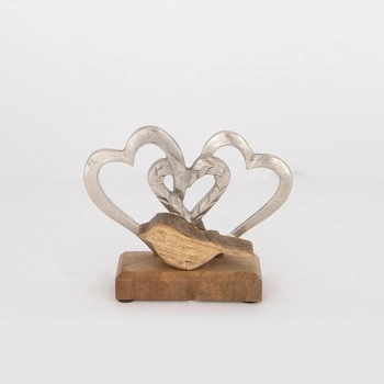 Διακοσμητικό Επιτραπέζιο Καρδιές Με Πουλί Ξύλινο-Μεταλλικό Ασημί-Natural 18x5x14εκ. ESTHETI 752-28563