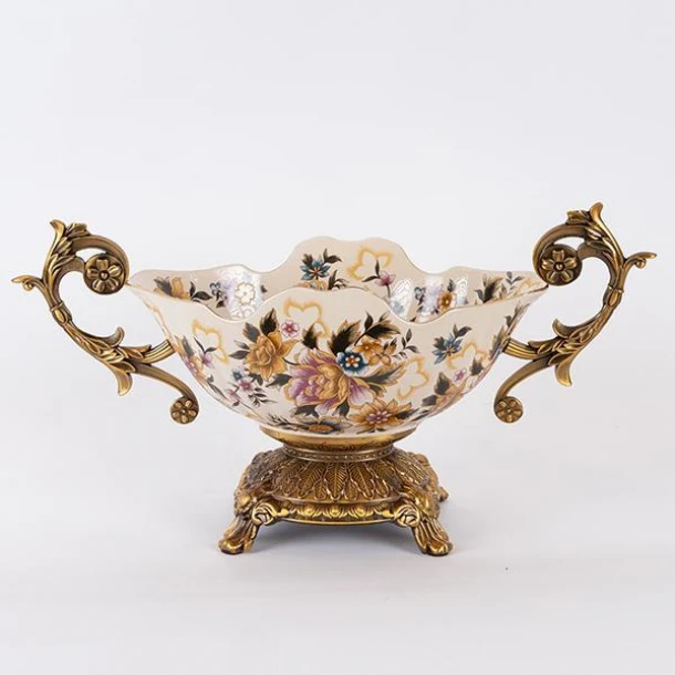 Διακοσμητικό Μπωλ Με Πόδι Πορσελάνης-Polyresin Λευκό-Χρυσό Με Λουλούδια 47x19x25εκ. ESTHETI 752-21036