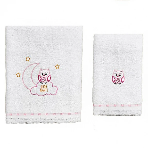 Σετ Πετσέτες 2τμχ Μπεμπέ Βαμβακερές Owl Ροζ 56061