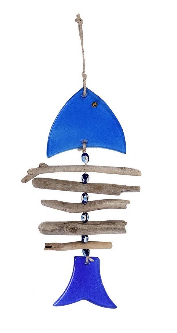 Διακοσμητικό Τοίχου Γυάλινο-Ξύλινο Ψάρι Μπλε ESPIEL 16,5x33-37εκ. GUR120