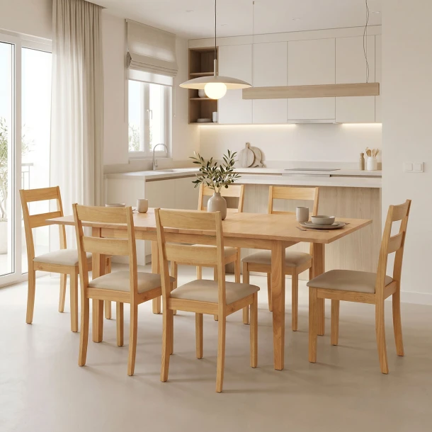 Τραπεζαρία Dallan Country pakoworld 7τεμ σε φυσική απόχρωση rubberwood 120-150x80x74εκ