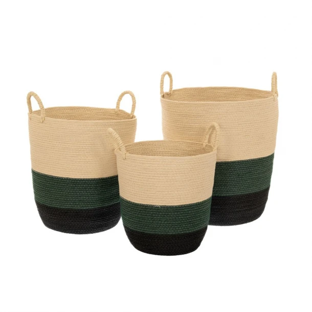 Καλάθι Σετ 3τμχ Βαμβακερό Μαύρο-Πράσινο-Natural Με Χερούλια 40x45εκ.-35x38εκ.-30x31εκ. iliadis 85966