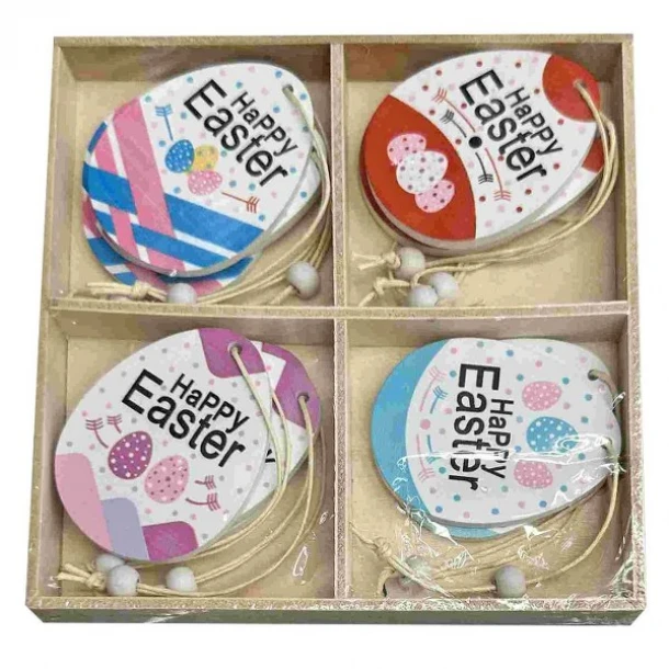 Διακοσμητικά Αυγά Ξύλινα Κρεμαστά Σετ 12τμχ  Happy Easter Σε Κουτί 13x13εκ. Bunny's 73-2184