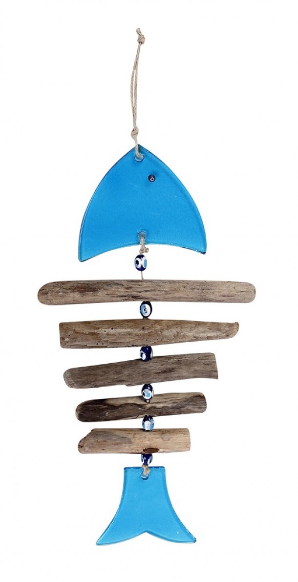 Διακοσμητικό Τοίχου Γυάλινο-Ξύλινο Ψάρι Μπλε ESPIEL 16,5x33-37εκ. GUR114