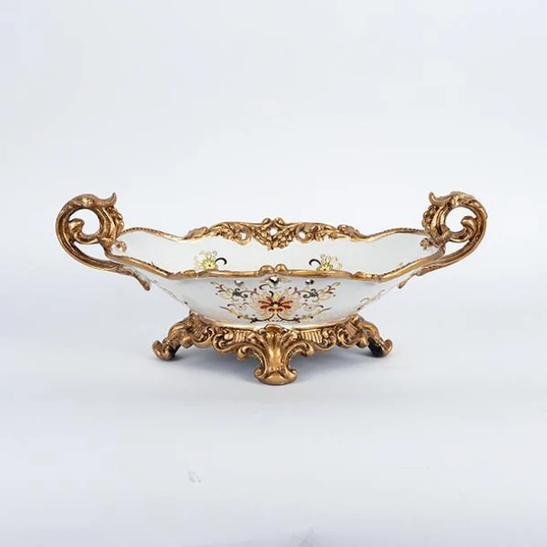 Διακοσμητικό Μπωλ Με Πόδι Πορσελάνης-Polyresin Λευκό-Χρυσό Με Λουλούδια 44x25x17εκ. ESTHETI 752-21014