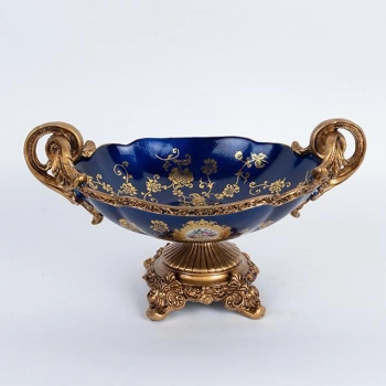 Διακοσμητικό Μπωλ Με Πόδι Πορσελάνης-Polyresin Μπλε-Χρυσό Με Λουλούδια 33x22x19εκ. ESTHETI 752-21021