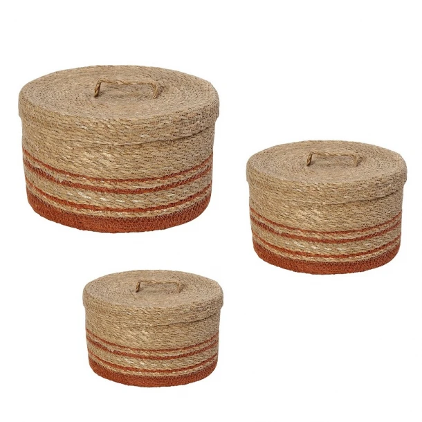 Καλάθι Με Καπάκι Σετ 3τμχ Seagrass Κεραμιδί-Natural ESPIEL 32x17εκ.-26x16εκ.-20x14εκ. KAG412