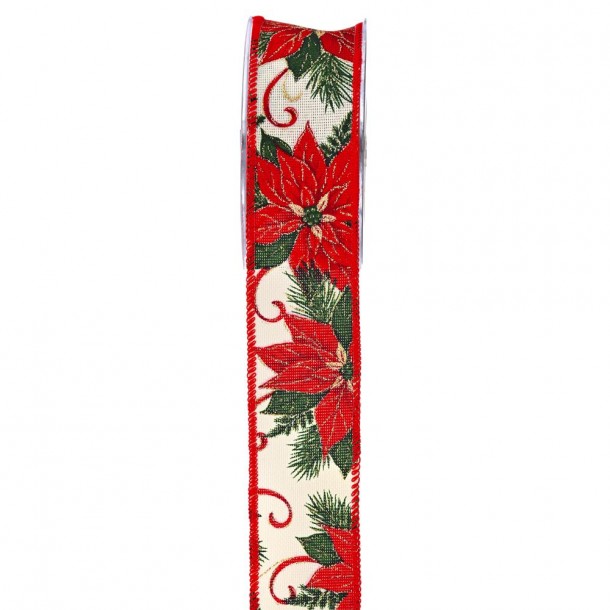 Χριστουγεννιάτικη Κορδέλα Poinsettia 4,3εκ.-9μ. Κόκκινη-Πράσινη iliadis 11242