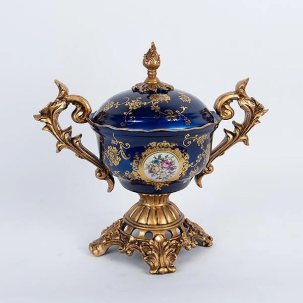 Φοντανιέρα Πορσελάνης-Polyresin Μπλε-Χρυσή Με Λουλούδια 39x22x35εκ. ESTHETI 752-21019