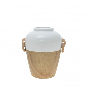 Βάζο Κεραμικό-Ξύλινο Λευκό-Natural 26x21,5x28,5εκ. Zen Collection 23.49341