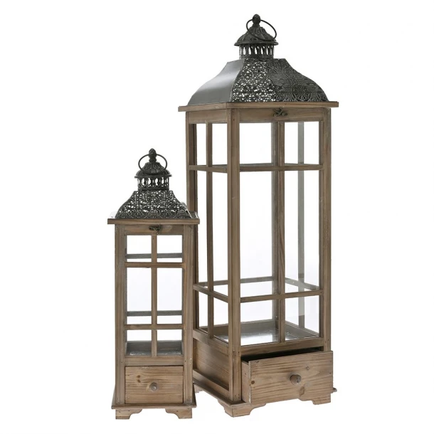 Φανάρι Σετ 2τμχ Ξύλινο-Μεταλλικό Με Συρτάρι Καφέ-Μαύρο 26x26x91εκ.-19x19x60εκ. iliadis 80724