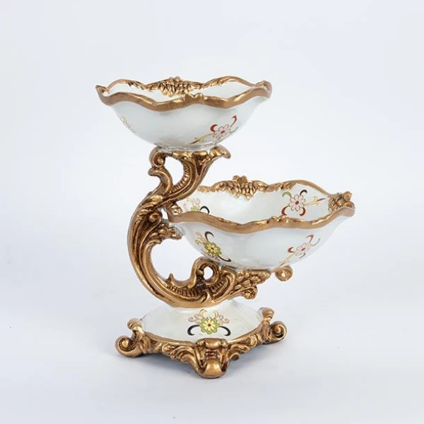 Διακοσμητικό Μπωλ 2 Θέσεων Πορσελάνης-Polyresin Λευκό-Χρυσό Με Λουλούδια 24x19x26εκ. ESTHETI 752-21012