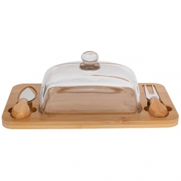 Πλατώ Σερβιρίσματος Τυριών Bamboo Με Γυάλινο Καπάκι Και Εργαλεία Natural-Διάφανο 29x15x11εκ. iliadis 91922