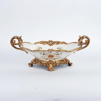 Διακοσμητικό Μπωλ Με Πόδι Πορσελάνης-Polyresin Λευκό-Χρυσό Με Λουλούδια 44x25x17εκ. ESTHETI 752-21014