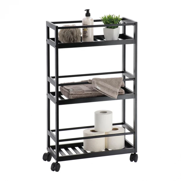 Ραφιέρα Μπάνιου Bamboo Μαύρη Με 3 Ράφια & Ροδάκια 20x44x75εκ. MRShome DS-1208000