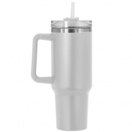 Ποτήρι Θερμός Γίγας 1200ml Ανοξείδωτο Ατσάλι Λευκό Με Λαβή & Καλαμάκι Homie 80-2167