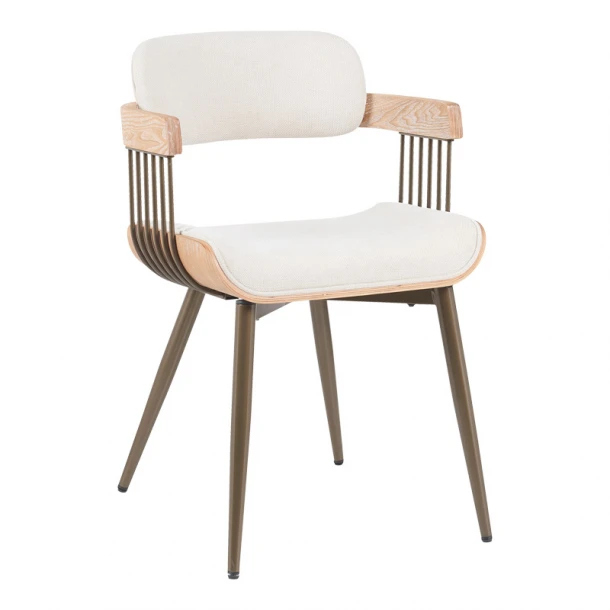 Πολυθρόνα Cameo pakoworld μέταλλο μπρονζέ-white-wash ξύλο-μπέζ ύφασμα 53x49.5x75.5εκ
