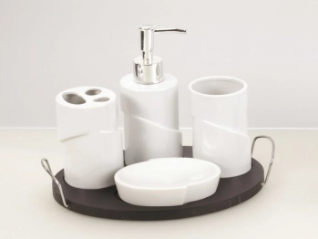 Σετ Μπάνιου 4τμχ Πορσελάνης Με Ξύλινη Βάση Λευκό-Wenge Cryspo Trio JB 6615