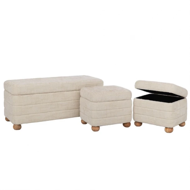 Σετ 3τμχ Σκαμπώ Υφασμάτινο-Ξύλινο Εκρού Με Αποθηκευτικό Χώρο 93x42x41εκ./34x40εκ./34x40εκ. iliadis 92154