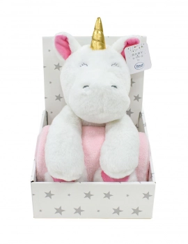 Σετ Κουβέρτα Fleece Αγκαλιάς-Λίκνου 75x90εκ. Με Λούτρινο Ζωάκι 25εκ. Unicorn 02 White-Pink Dimcol